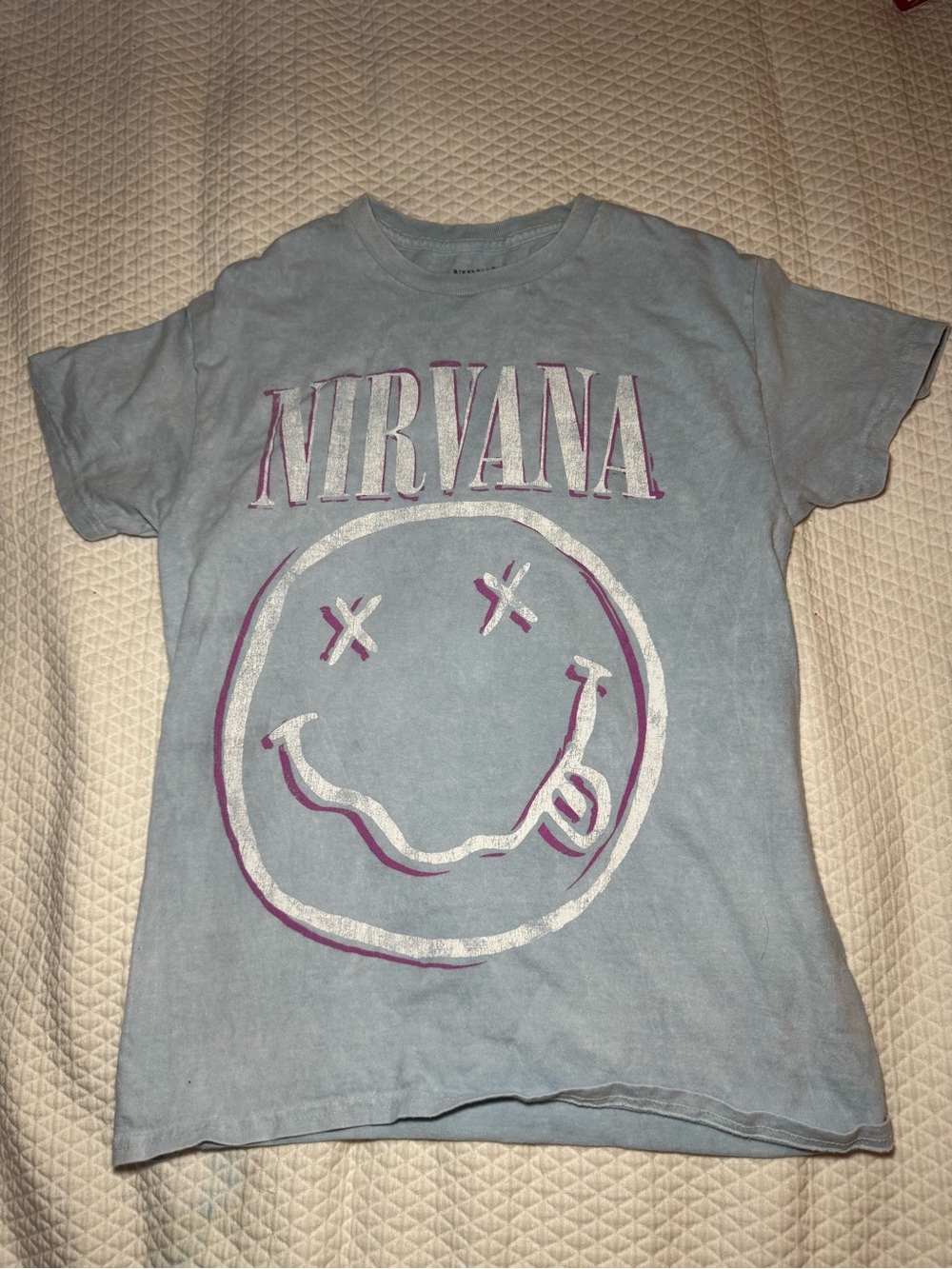 Unisex Nirvana Smiley Face Graphic T-Shirt Size Small Light Blue Washed Band Tee